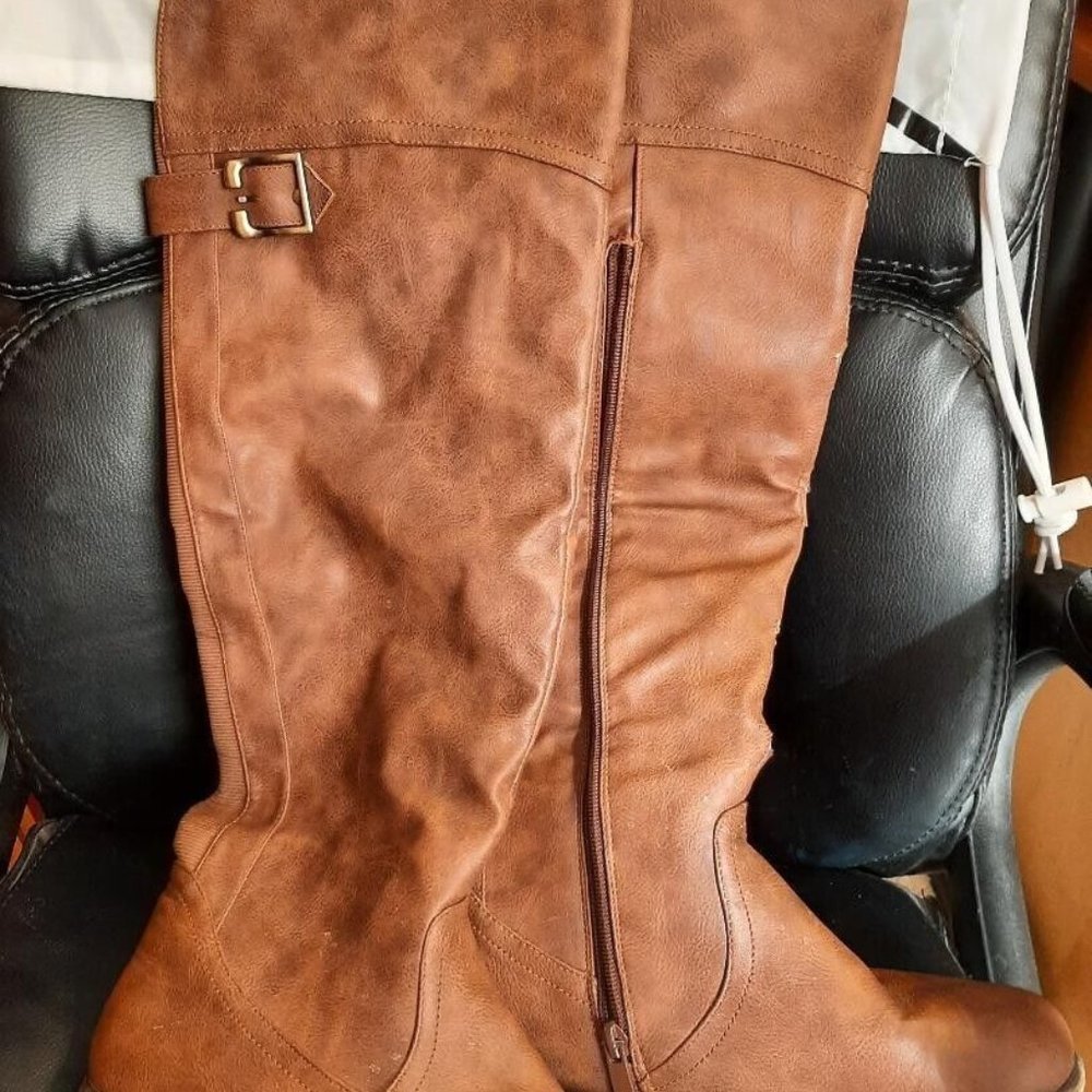 Top Moda Over Knee Boots Top Buckle Side Zip Wide Calf Low Heel Brown Size 8